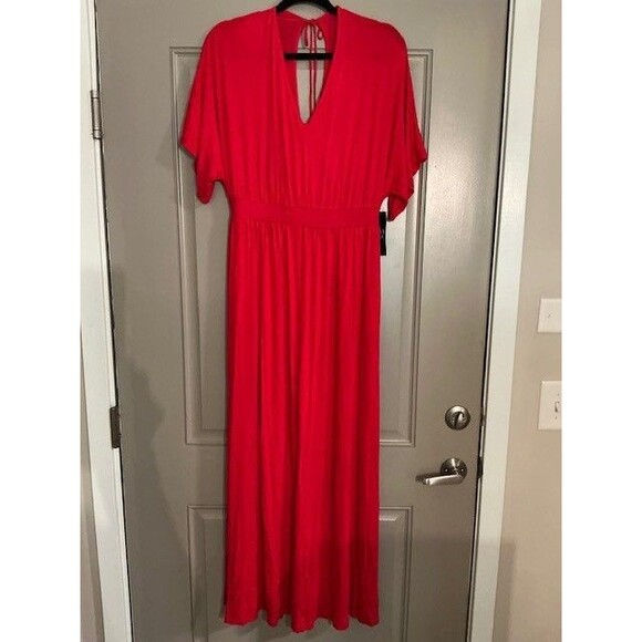 New York & Company Dresses & Skirts - New York & Company Red Maxi Dress Elastic Waist Tie Closure Pockets Sz M slit